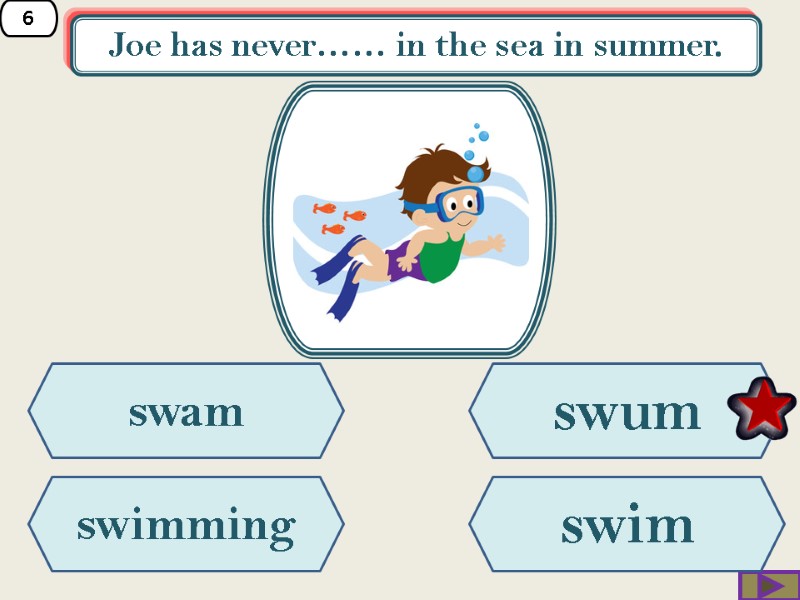 6 Joe has never…… in the sea in summer.  swam  swimming swum